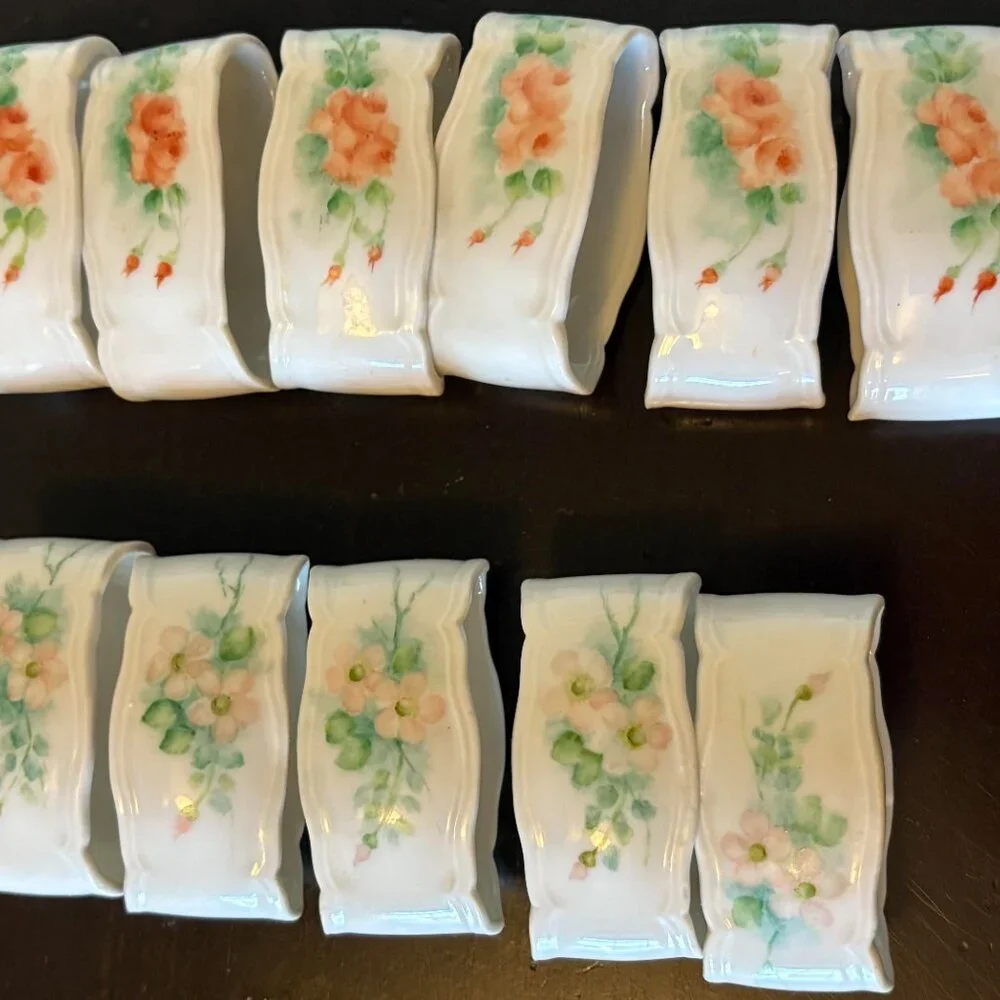 Vtg 11 Handpainted Porcelain Napkin Rings Rose Bouquet Floral Cottagecore Granny